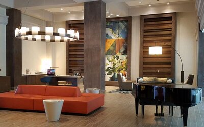 Lobby and coworking lounge at Embassy Suites By Hilton Brea North Orange County.