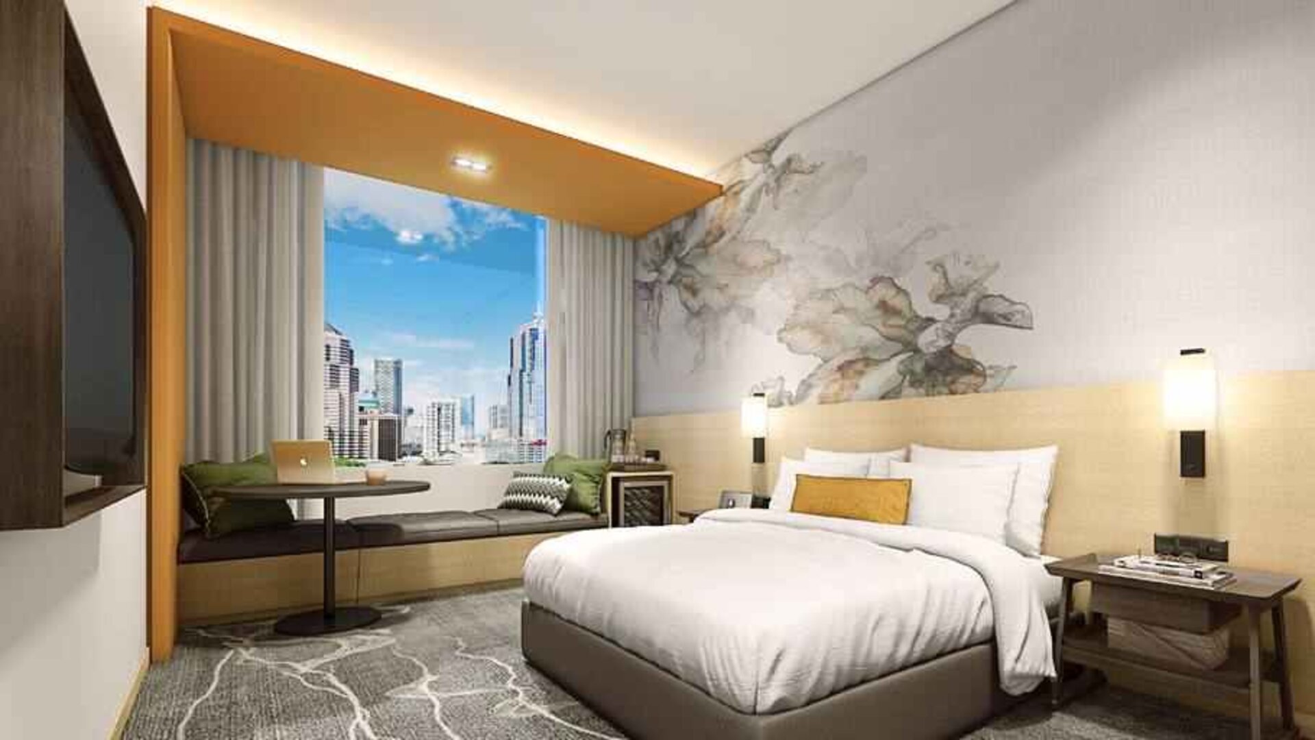 King bedroom with window and view at the Hilton Garden Inn Kuala Lumpur Jalan Tuanku Abdul Rahman North.