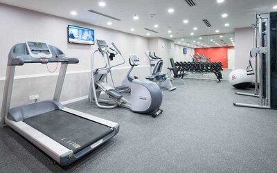 Fitness center with treadmill, exercising bike and weights at the Hilton Garden Inn Kuala Lumpur Jalan Tuanku Abdul Rahman North.