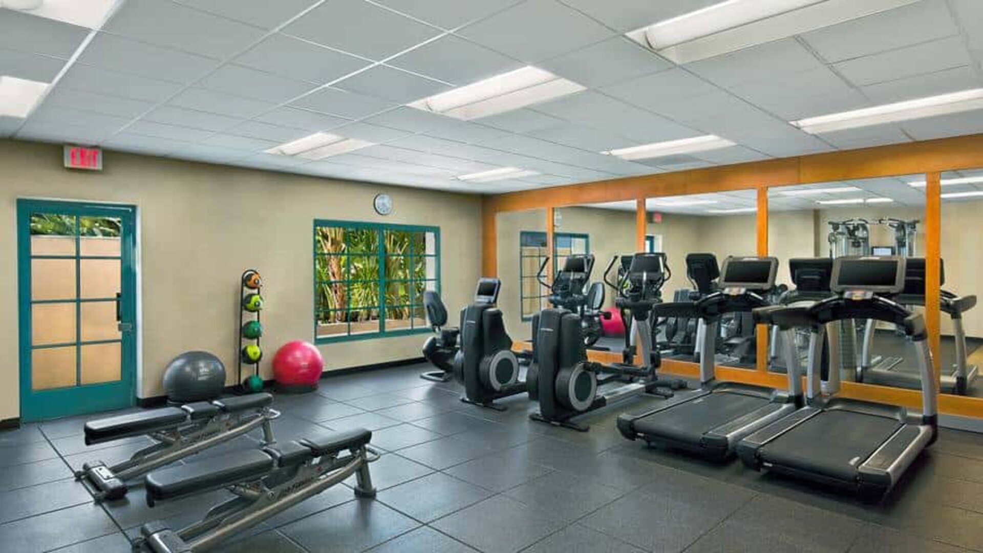 Bright fitness room with treadmills, ellipticals, free weight benches, medicine and exercise balls.