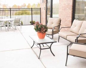 Pretty outdoor patio for coworking at Hampton Inn Big Rapids, MI.