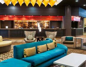 Colorful and bright lobby lounge to relax or for coworking at DoubleTree by Hilton Los Angeles Downtown.