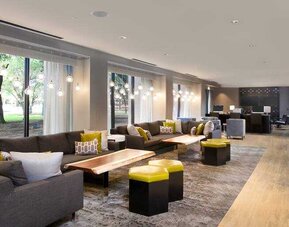 Comfortable lobby lounges at the DoubleTree Suites by Hilton Houston by the Galleria.