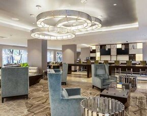 Bright lobby area perfect as workspace at the DoubleTree Suites by Hilton Houston by the Galleria.