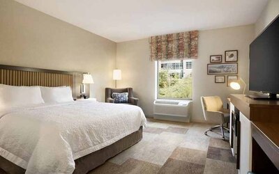 Bright-lit king-sized bed with TV and work desk at Hampton Inn By Hilton, Salt Lake City Cottonwood.