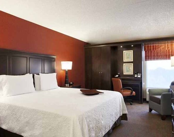 Luxury king bedroom with work desk and TV at Hampton Inn Chicago-Midway Airport.