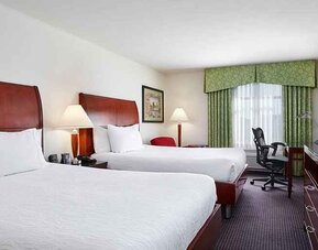 luxurious queen room with TV and work area at Hilton Garden Inn Rockville-Gaithersburg.