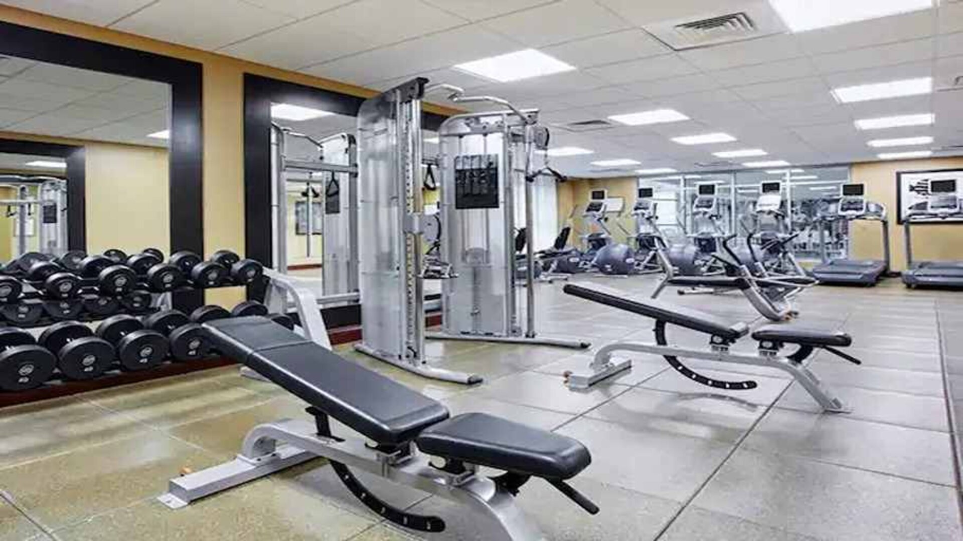 well-equipped fitness center at Homewood Suites by Hilton Rockville-Gaithersburg.