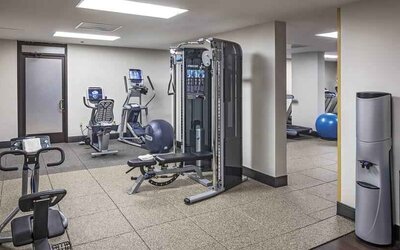 Fully equipped fitness center at the Hilton Sacramento-Arden West.