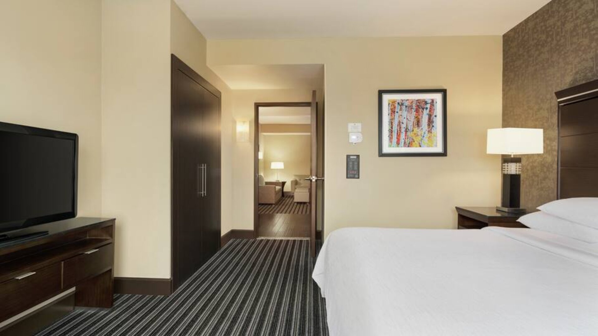 King size bed and TV screen in a king bedroom at the Embassy Suites by Hilton Salt Lake City West Valley.