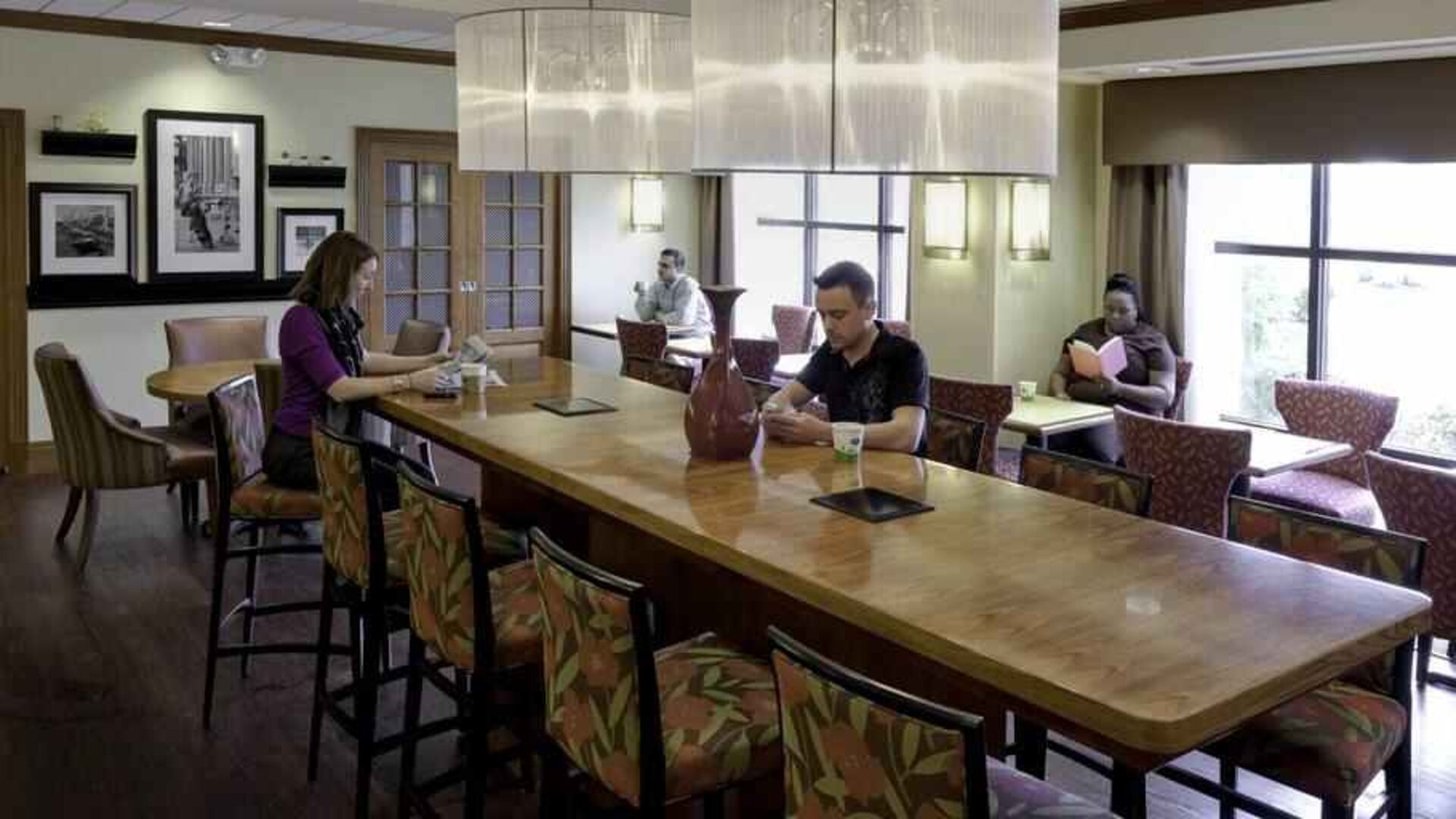 Dining area perfect as workspace at the Hampton Inn Springfield South Enfield.