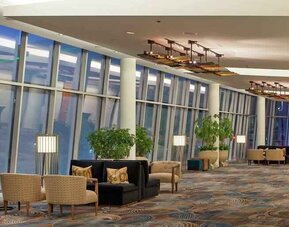 Elegant worskpace in a hotel lobby at the Hilton Omaha.