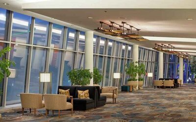 Elegant worskpace in a hotel lobby at the Hilton Omaha.