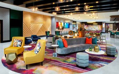 Stylish lobby area perfect as workspace at the Hilton Garden Inn Hays.