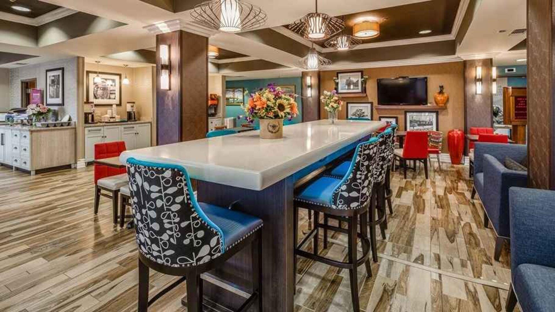 Funky lobby ideal for coworking at Hampton Inn San Francisco Airport.