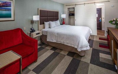 Colorful king suite with natural light at Hampton Inn San Francisco Airport.