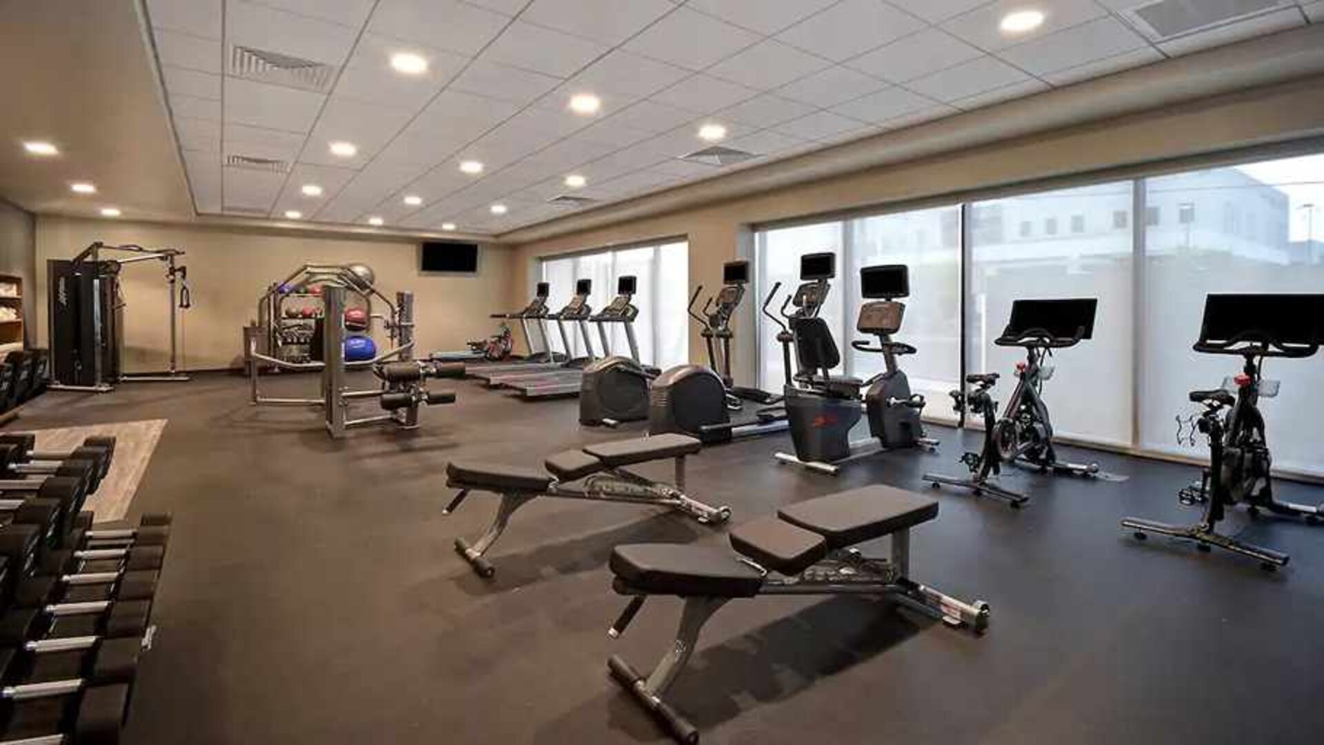fully equipped fitness center at Home2 Suites by Hilton Las Vegas Convention Center.
