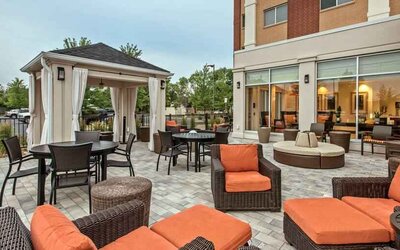 Beautiful outdoor patio perfect as workspace at the Hilton Garden Inn Minneapolis Airport Mall of America.