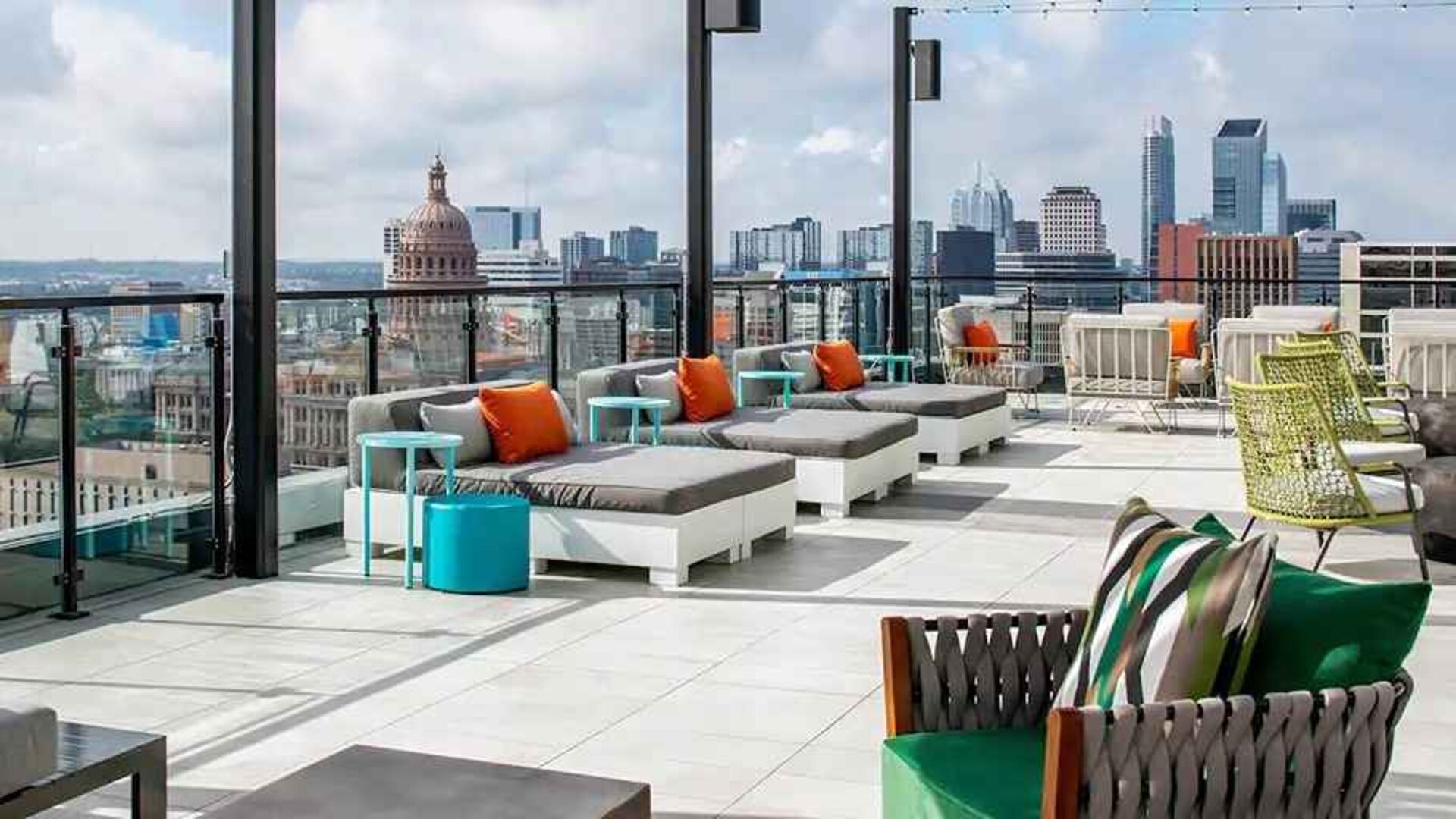 Beautiful rooftop-coworking space with city views at Hilton Garden Inn Austin University.