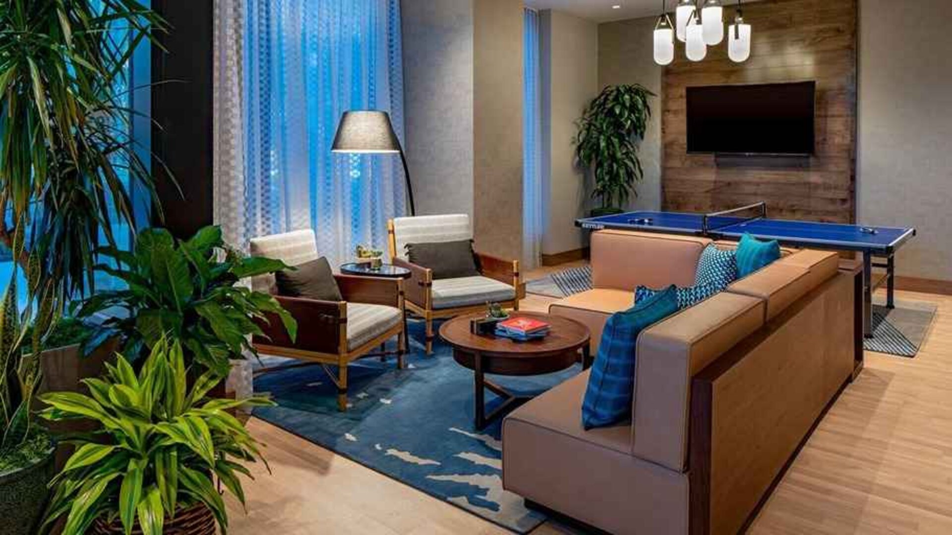 Comfortable and spacious coworking area at Hilton Garden Inn Austin University.