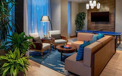 Comfortable and spacious coworking area at Hilton Garden Inn Austin University.