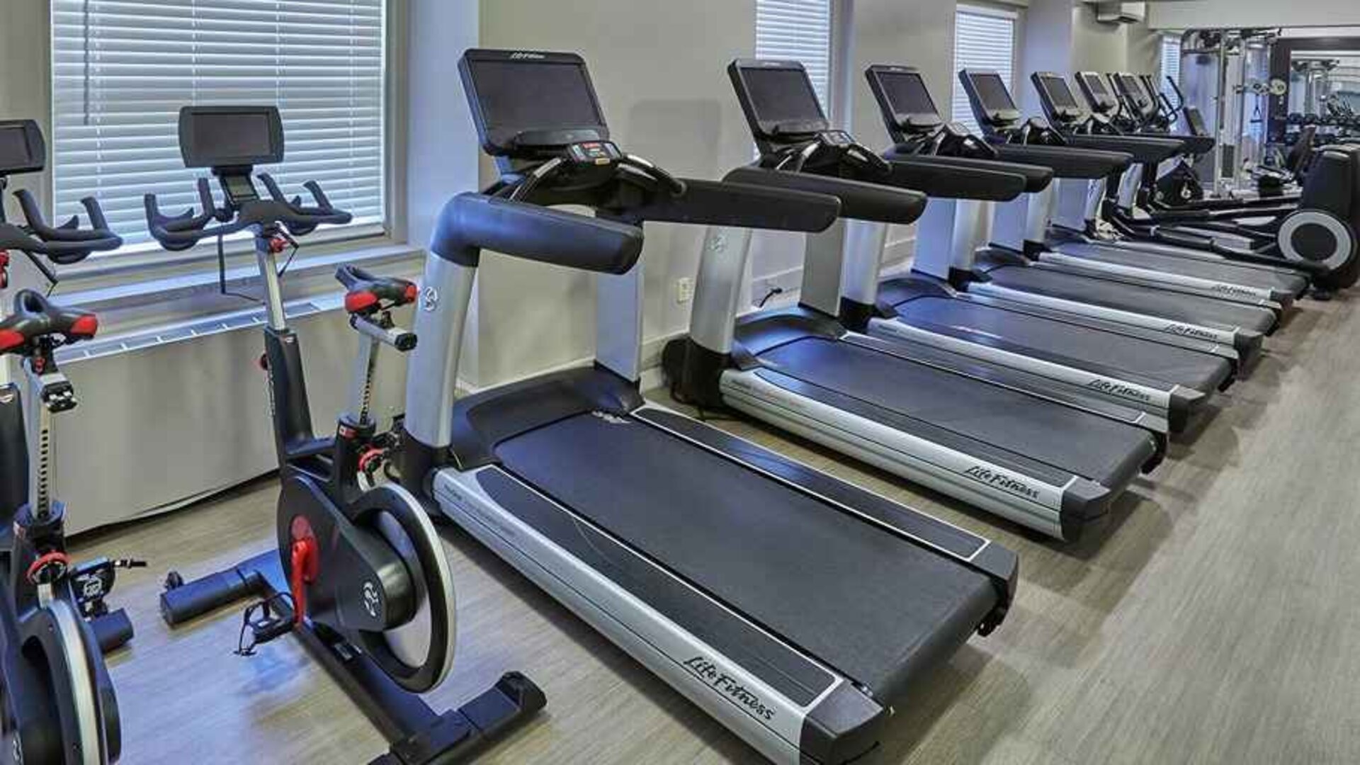Well-equipped fitness center at Hilton Milwaukee City Center.
