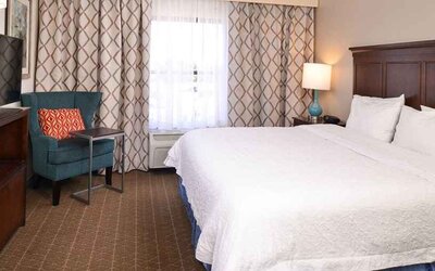 Comfortable king room with TV and work area at Hampton Inn & Suites Pueblo-Southgate.