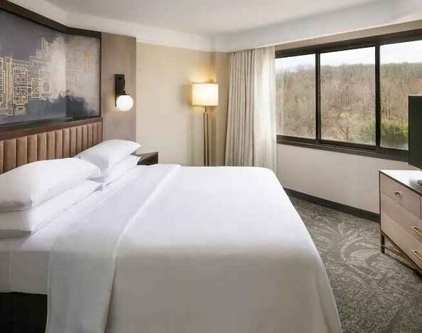 Bright king bedroom with window and TV screen at the Embassy Suites by Hilton Tysons Corner.