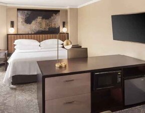 Bright king bedroom with window and TV screen at the Embassy Suites by Hilton Tysons Corner.