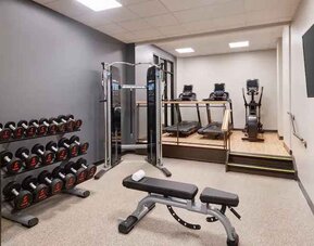 Weights and treadmills at the fitness center of the Embassy Suites by Hilton Tysons Corner.