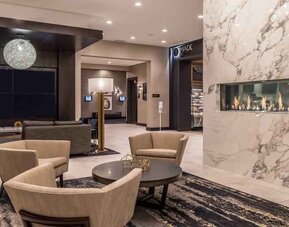 Lobby workspace by the fireplace at the DoubleTree by Hilton Lafayette East.