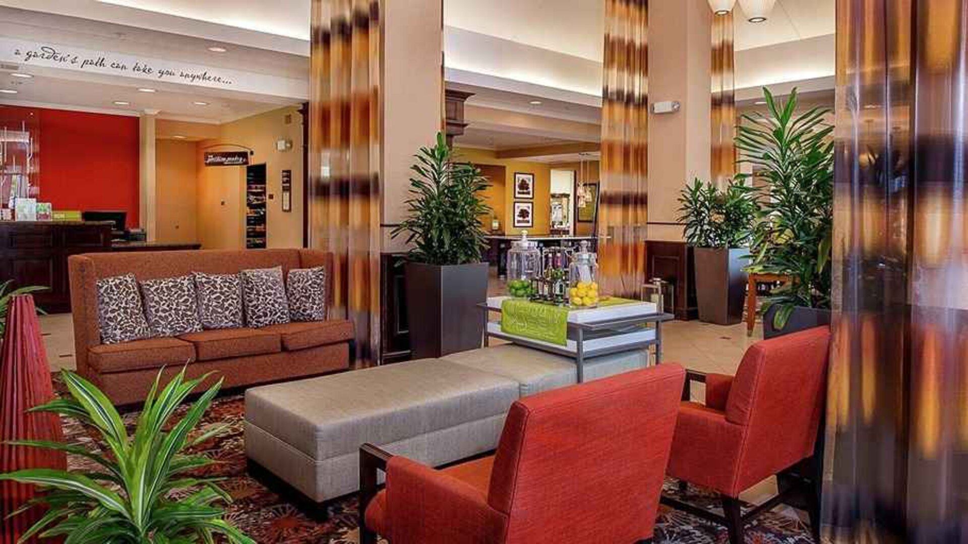 colorful lobby lounge area ideal for coworking at Hilton Garden Inn St. Louis Airport.