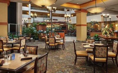 Restaurant area perfect as workspace at the Embassy Suites by Hilton Charleston Airport Convention Center.