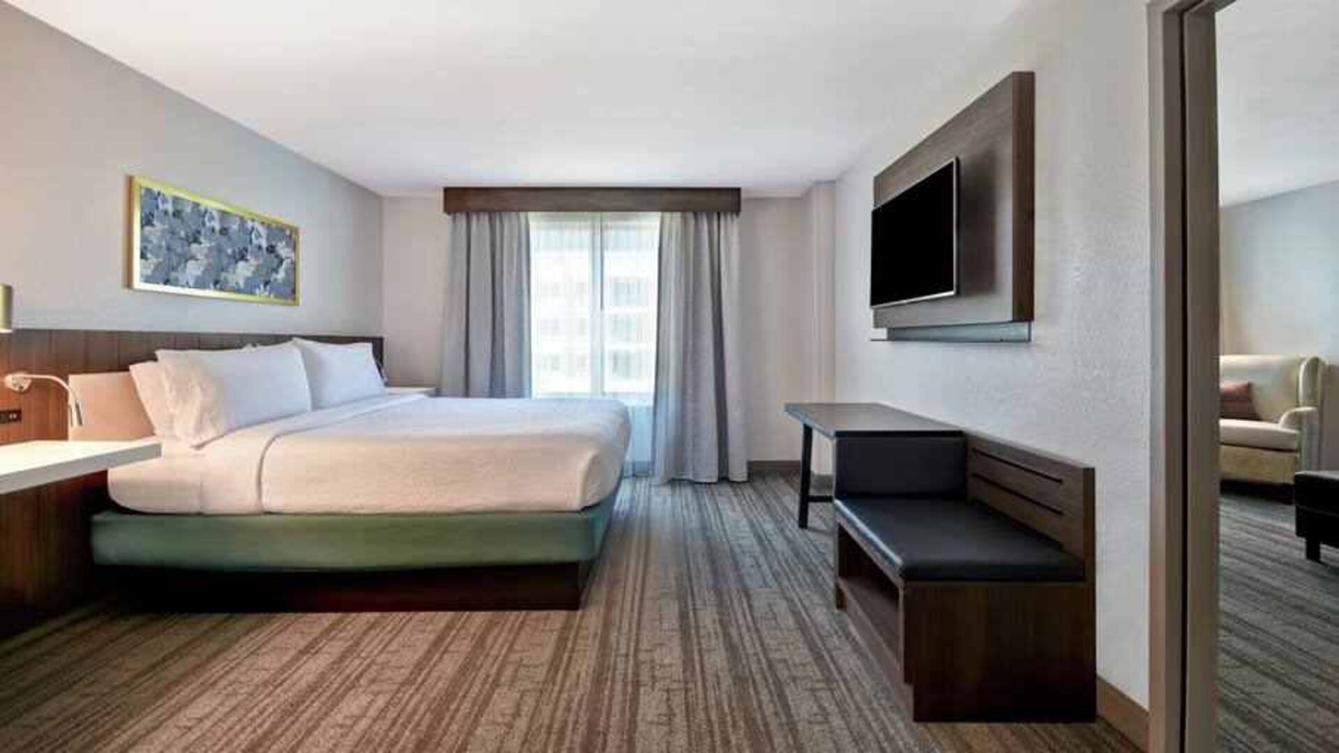 Bright king bedroom with window and TV screen at the Hilton Garden Inn Houston Galleria Area.