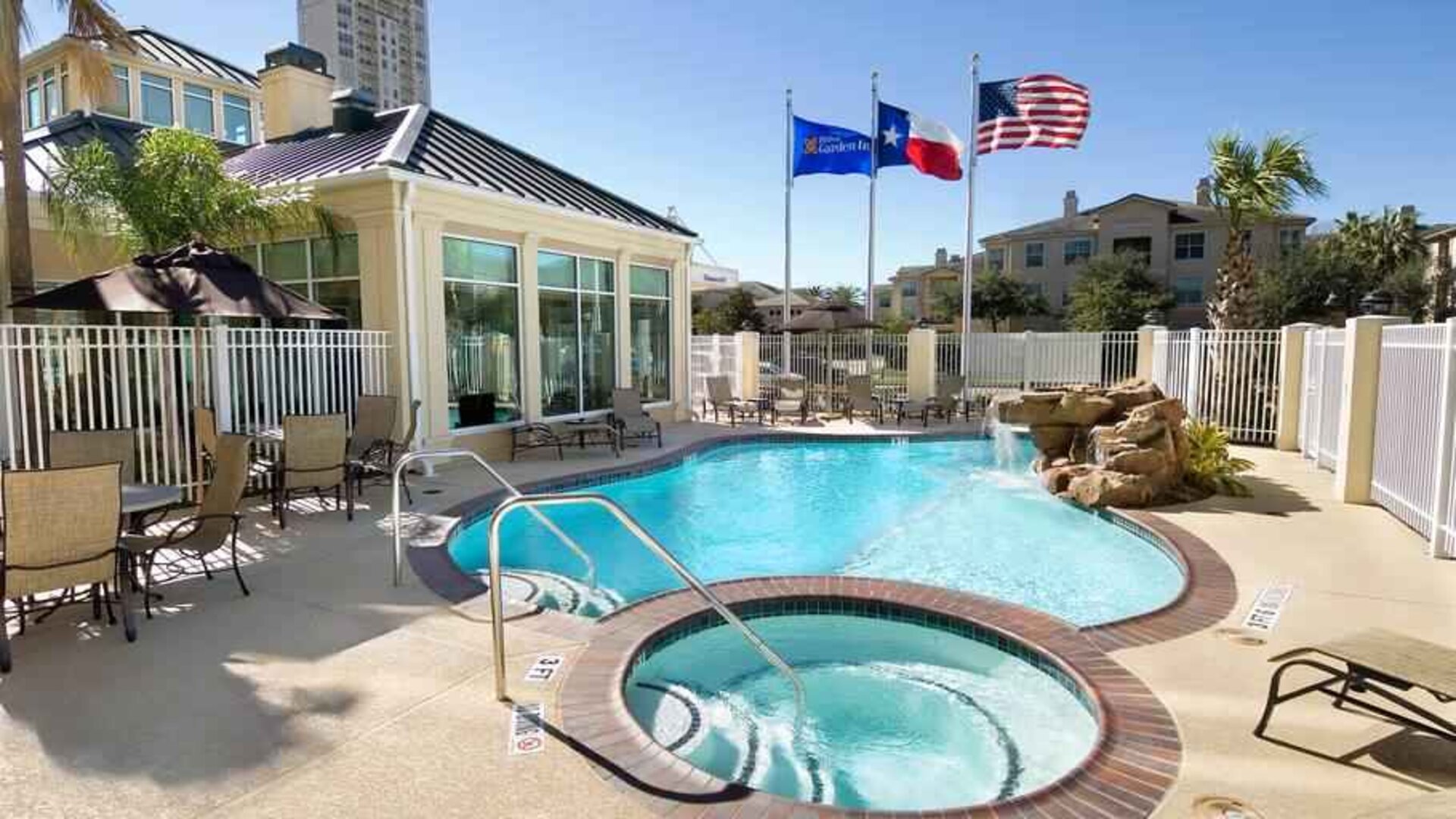 Beautiful outdoor pool area at the Hilton Garden Inn Houston Galleria Area.
