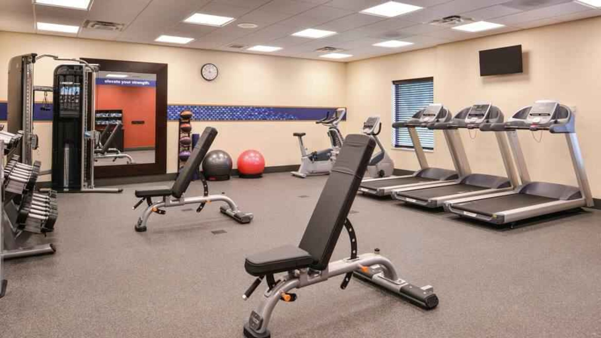 Fully equipped fitness center at the Hampton Inn & Suites St. Paul Oakdale/Woodbury by Hilton.