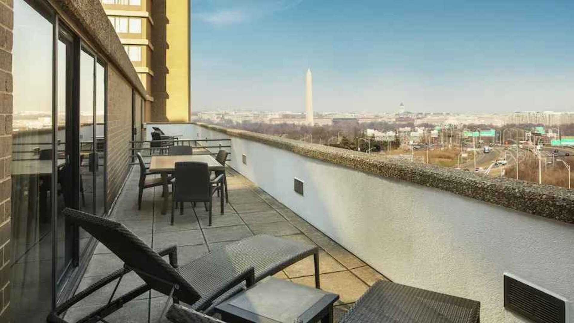 Hotel terrace overlooking the city at the DoubleTree by Hilton Washington DC - Crystal City.