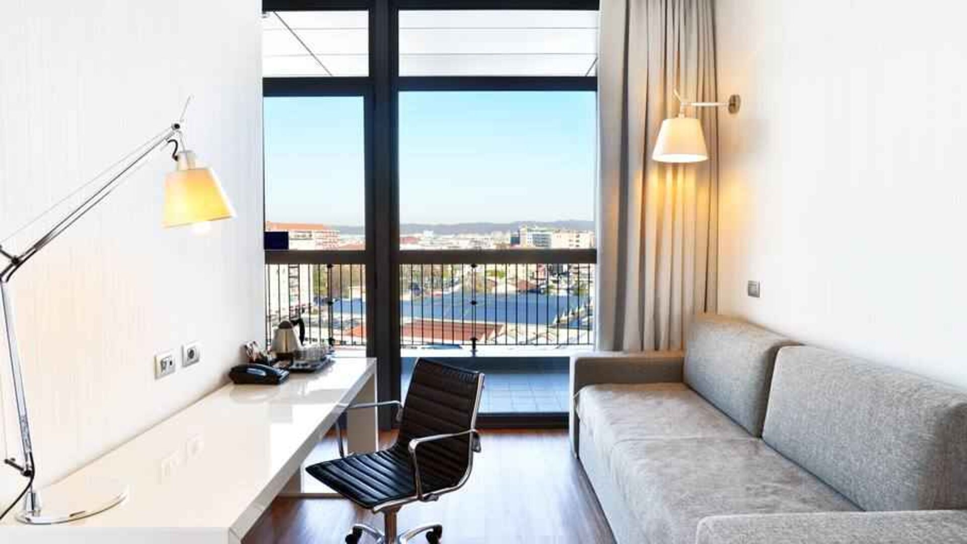 Working station with view in a hotel room at the Hilton Garden Inn Milan North.