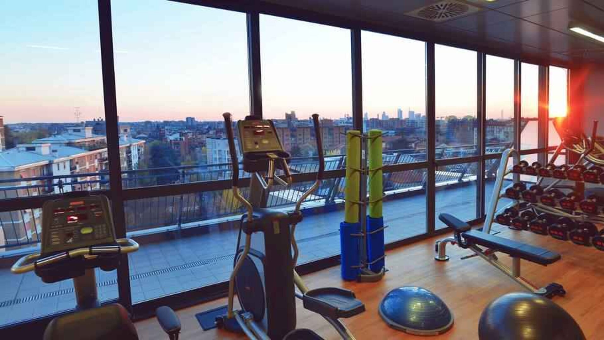 Fitness center with view at the Hilton Garden Inn Milan North.