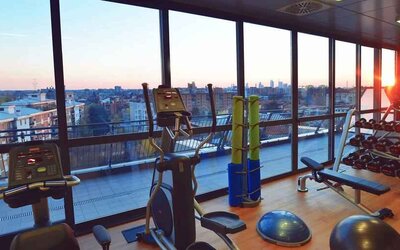 Fitness center with view at the Hilton Garden Inn Milan North.