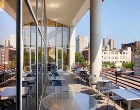Pretty outdoor terrace ideal as a coworking space at Homewood Suites by Hilton University City Philadelphia, PA.