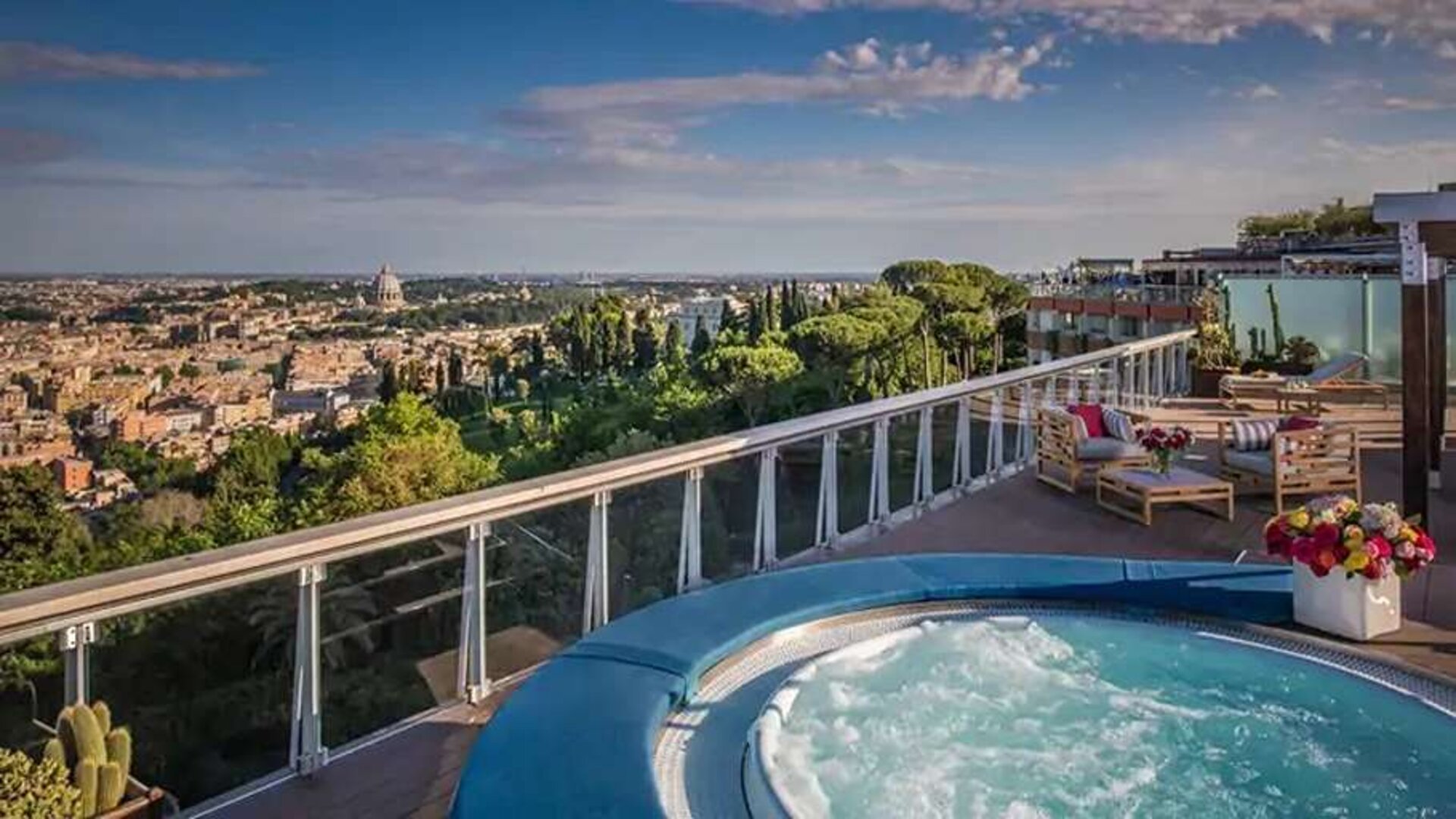 Beautiful terrace with jacuzzi overlooking the city at the Rome Cavalieri, A Waldorf Astoria Hotel.