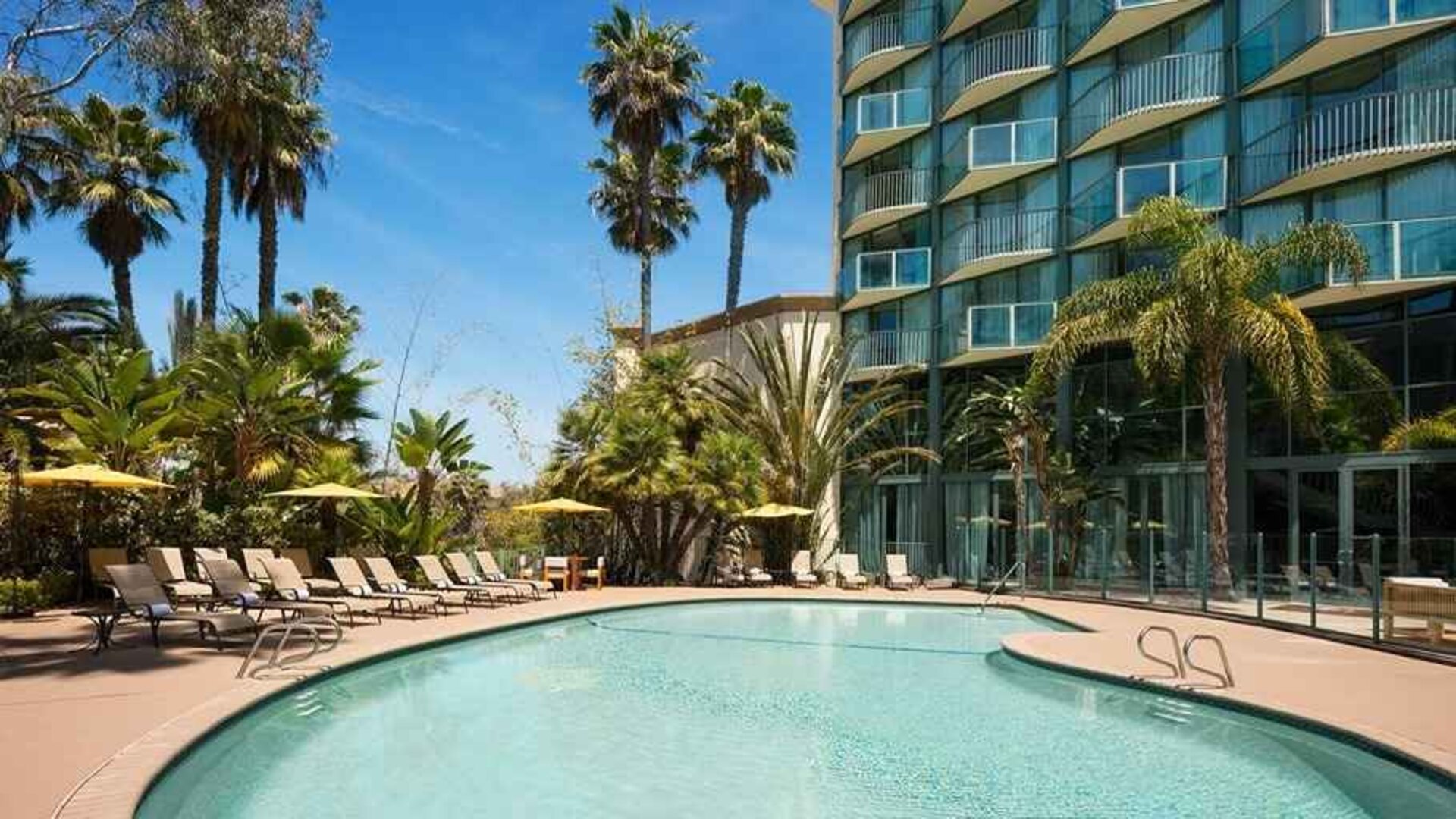 beautiful outdoor pool surrounded by greenery and with comfortable sun beds at DoubleTree by Hilton Hotel San Diego - Hotel Circle.