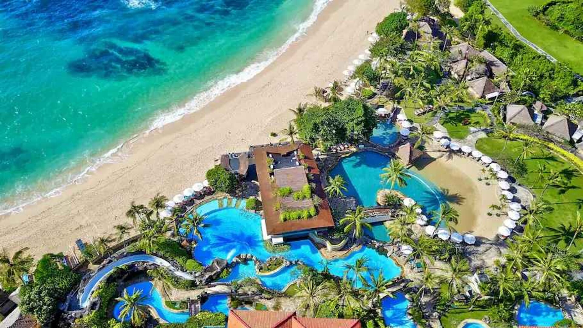 Aerial view of the hotel beach at the Hilton Bali Resort.