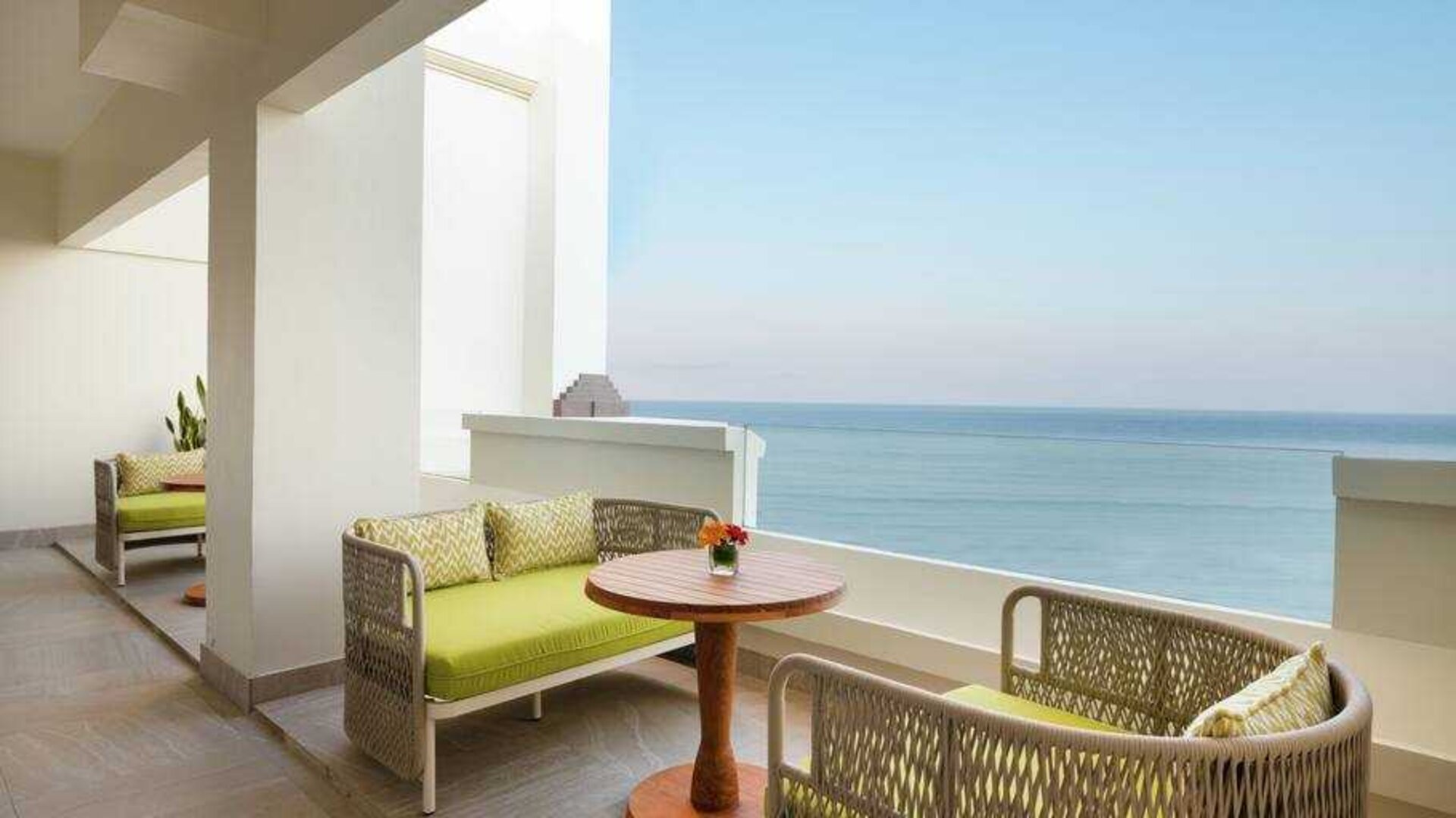 Hotel balcony overlooking the water at the Hilton Bali Resort.