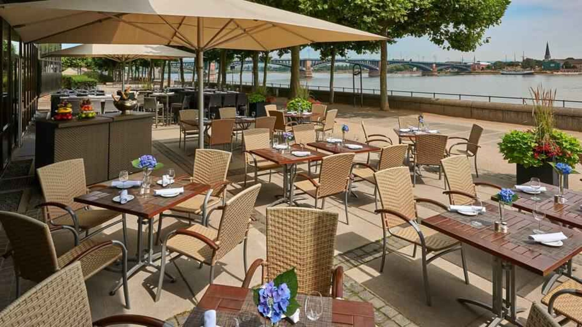 Beautiful outdoor terrace perfect as workspace at the Hilton Mainz.