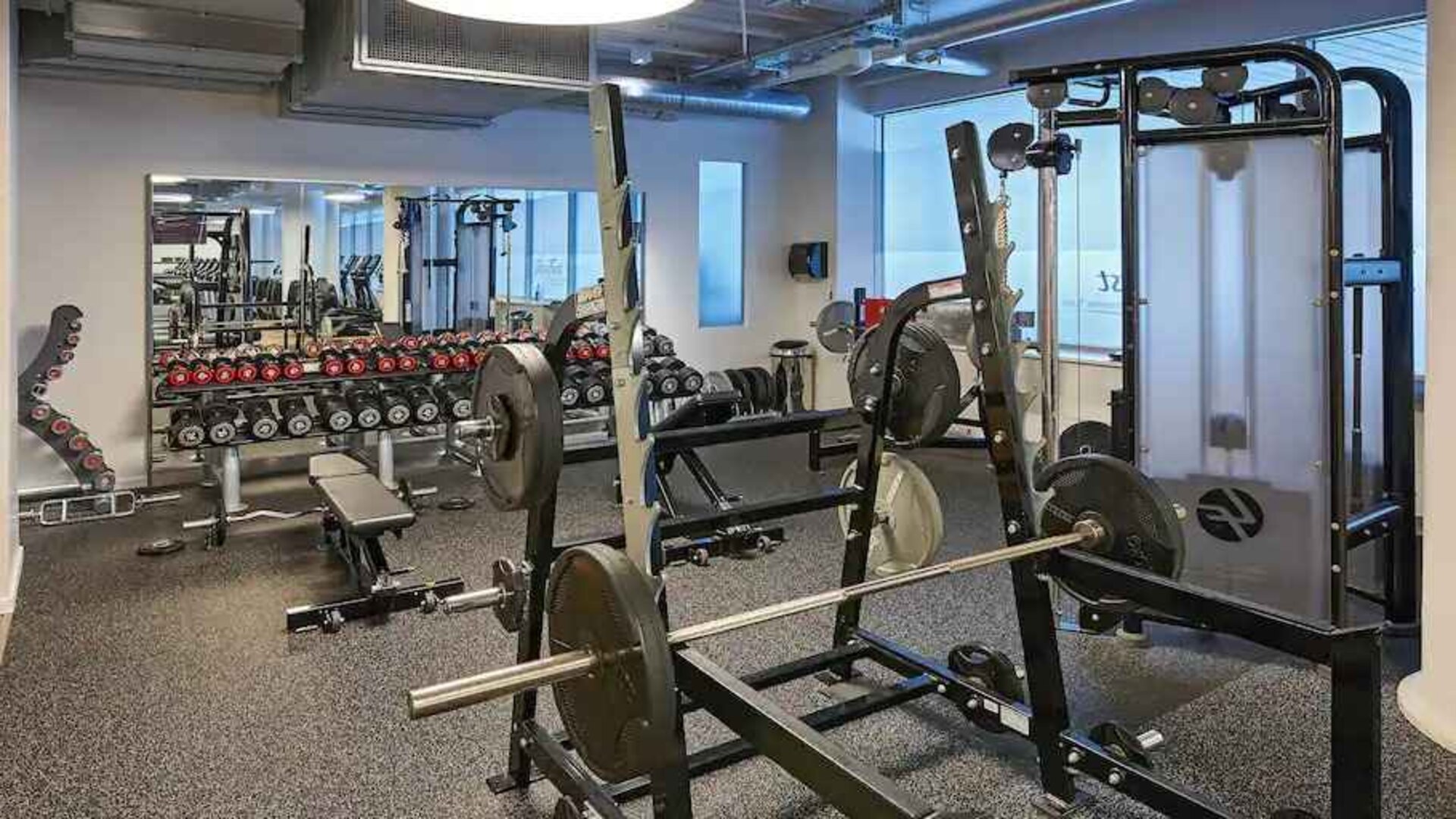 Fitness center with weights and machines at the Hilton Frankfurt City Centre.