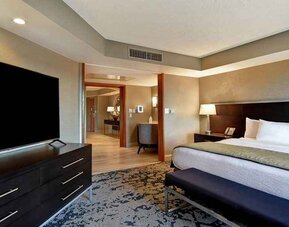 luxurious king suite with TV and lounge area at Embassy Suites by Hilton Raleigh Durham Research Triangle.