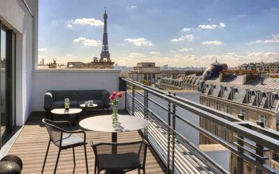 Hotel balcony overlooking the tour eiffel at the Canopy by Hilton Paris Trocadero.