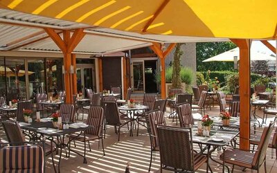 Outdoor patio perfect as workspace at the Hilton Strasbourg.